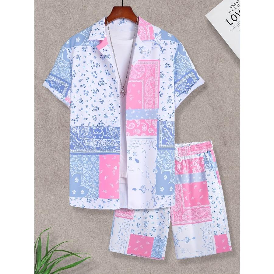 Herren Hawaii Zweiteiler Patchwork Paisley Print Hemd und Shorts 2XL gray