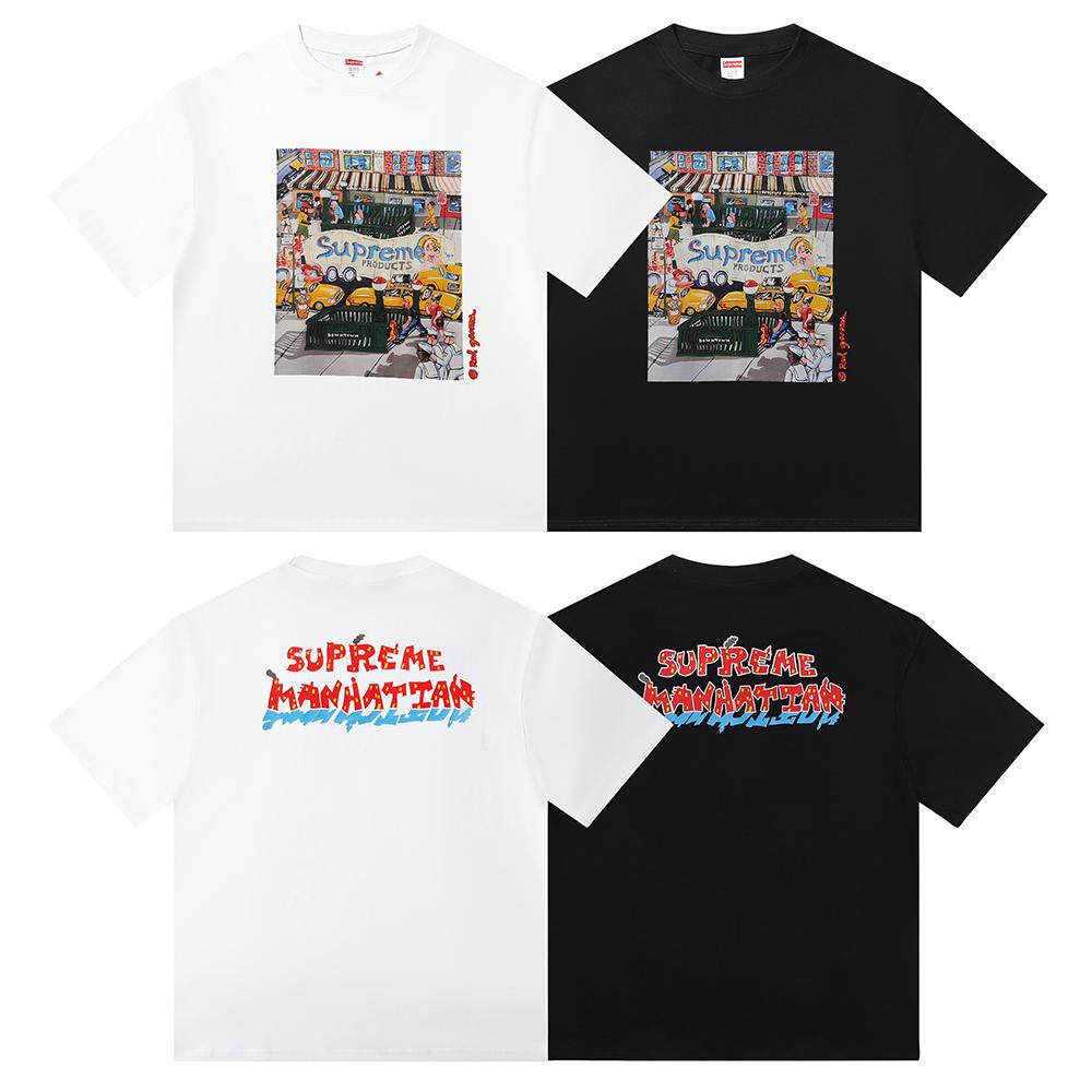 

Supreme 2025 Summer Cartoon Letter Manhattan City Street View Pattern Printed Round Neck Short Sleeve T-shirt Couple T-shirt XL білий