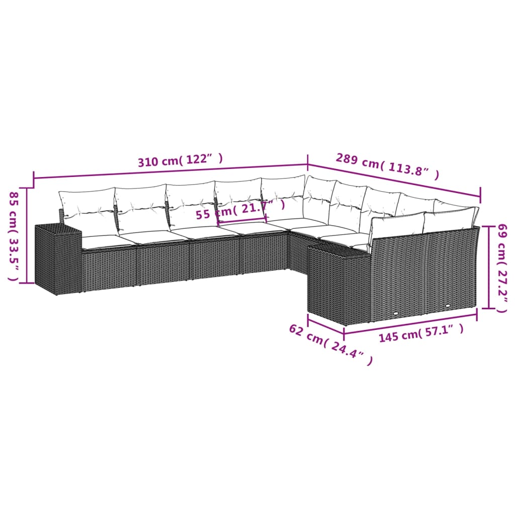 10 Piece Garden Sofa Set with Cushions Gray Poly Rattan