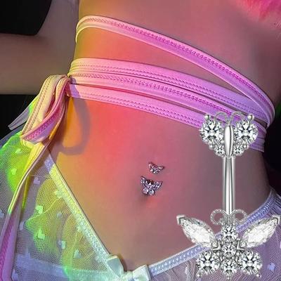 1Pc Butterfly Cz Belly Button Ring Pink Purple Color Crystal Zircon Sexy Belly Piercing Navel Barbell Piercing for Women