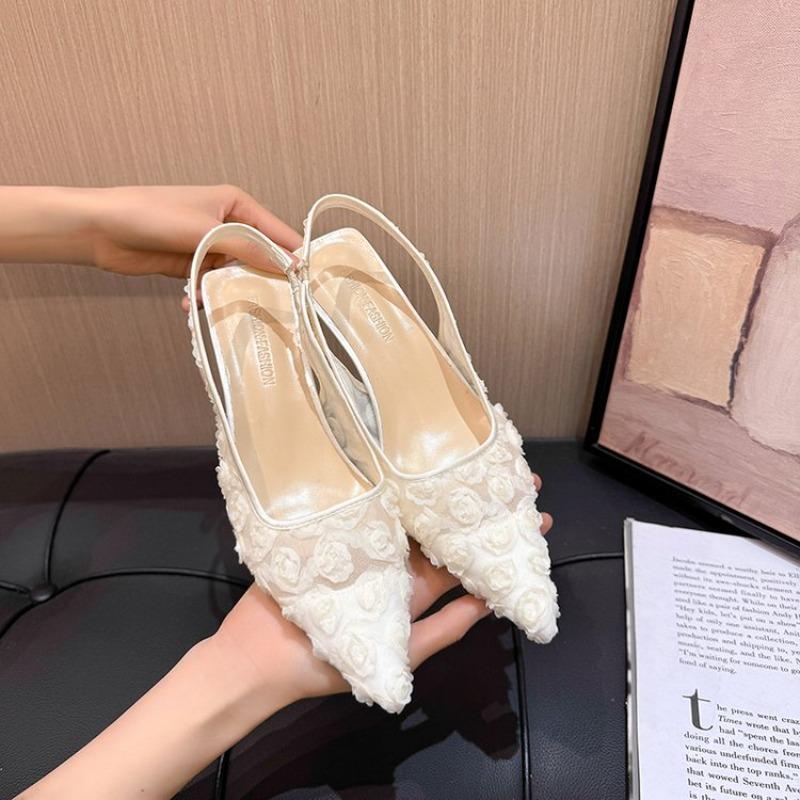 Women Pointed Toe Heels Sandals Sexy Lace Mesh Flower High Heels Ladies Summer 2025 Trend Designer Slingback Pumps Sandalias