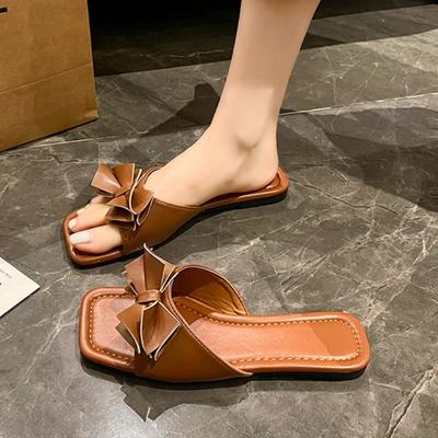 Mode Frühling/Sommer Neu 2025 Outdoor Flache Leder Schleife Rutschfeste Strand Damen Hausschuhe Lässig Alleskönner Mode Damen Sandalen