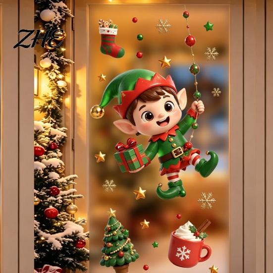 No Glue Window Decorations 2PCS Christmas Static Sticker, Cute Cartoon Elves And Bears Home Commercial Decor Print, PVC Glass Stickers for Holiday