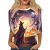 Women's Fashion Casual Halloween Print 3/4 Sleeve T-Shirt with Round Neck