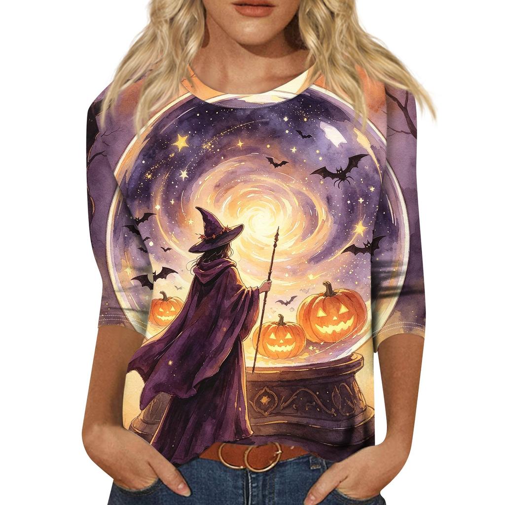 Women's Fashion Casual Halloween Print 3/4 Sleeve T-Shirt with Round Neck