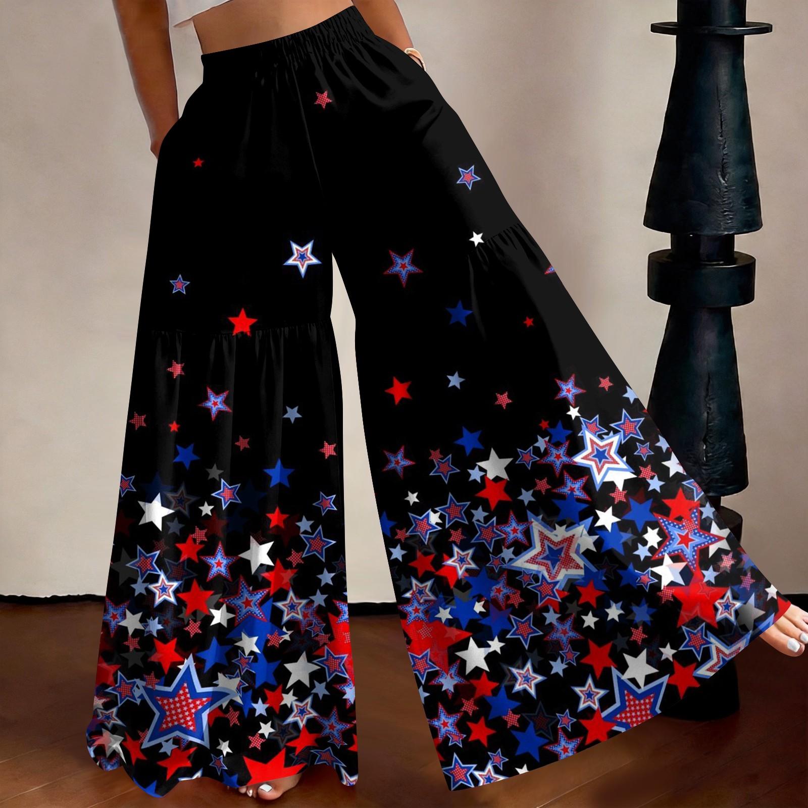 

Women’s High Waist Loose Wide Leg Lightweight Long Pants with Star and Stripe Print for Casual Summer Wear M чёрный