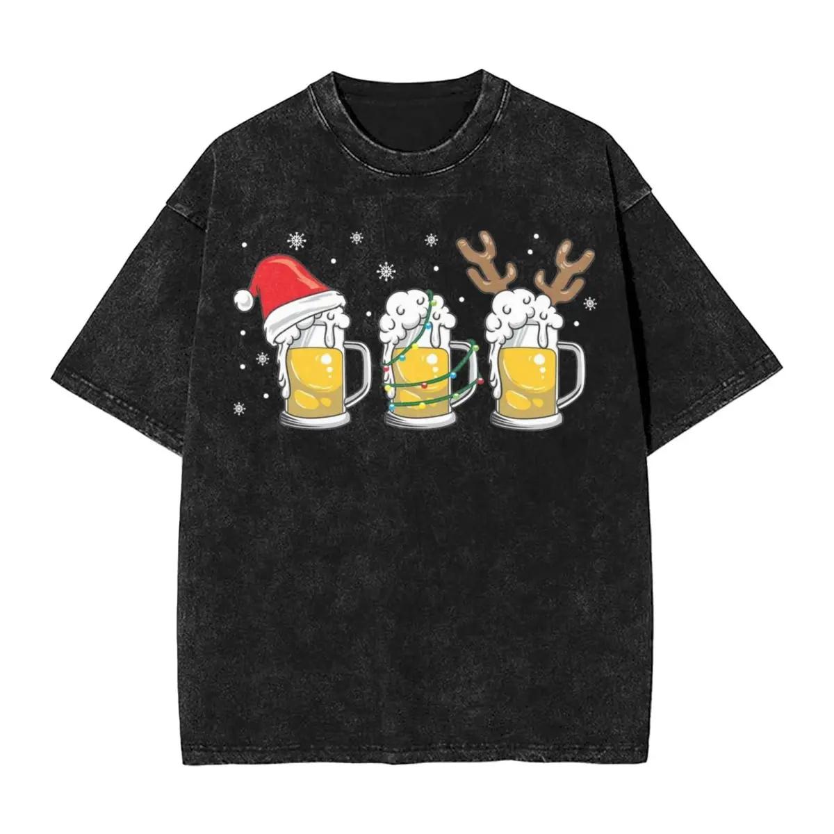 Christmas Beer Mugs Reinbeer Santa Hat Xmas Washed T Shirt Streetwear T-Shirt Tee Shirt Men Women Cotton Harajuku Summer S разноцветный