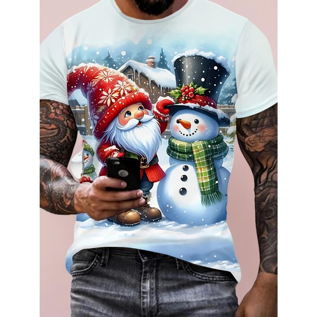 Weihnachtselement T-Shirt für Herren Lustiger Weihnachtsmann 3D-Druck Kurzarm T-Shirt Sommer Casual Rundhals Oversized Herrenbekleidung Top