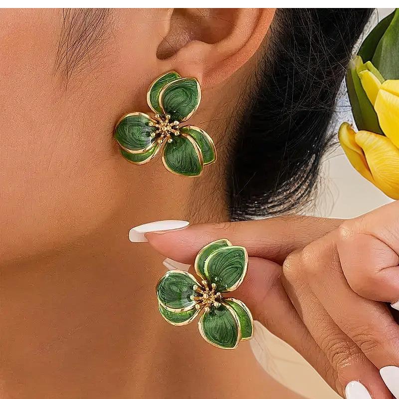Spring and Summer Colorful Oil Dripping Flower Earrings Simple Design Double Petal Earrings for Women