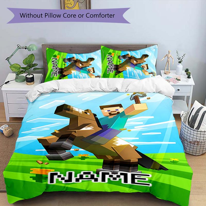 3pcs Minecraft2 Cover Set - Personalized Name, HD Printed Bedding with 1 Cover and 2 Pillowcases - Perfect for Home Decor, Easy Care