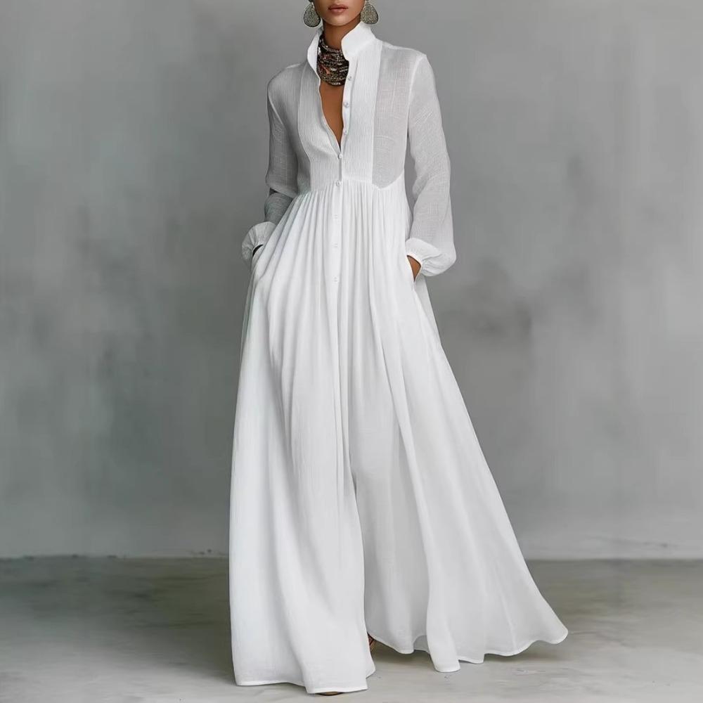 Abito Pieghettato a Vita Alta Sottile a Maniche Lunghe Stile Europeo e Americano Francese Temperamento Elegante Retro Casual Stile Vacanza