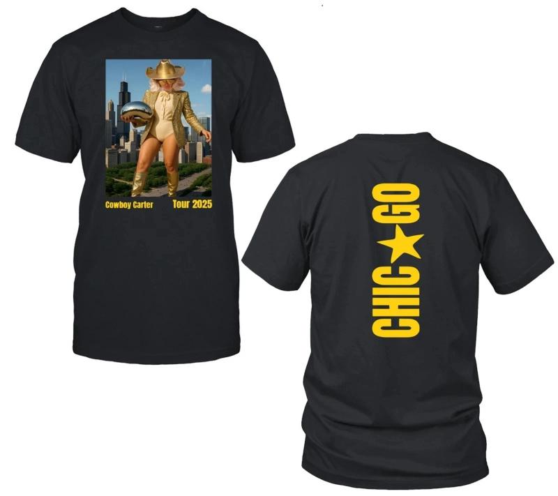 

РАСПРОДАЖА!!! Бейонсе Cowboy Carter Tour Чикаго 2025 Унисекс Футболка Мужская Мода Уличная Американская С коротким рукавом Женская С круглым вырезом Топ 2XL