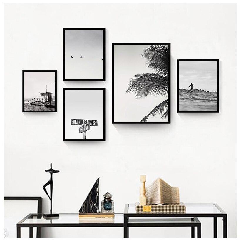 Gallery Wall Art Prints Black and White Palm Tree Surf Ocean Landscape Inspiring Posters and Print Wall Decor for Living Room No Frame