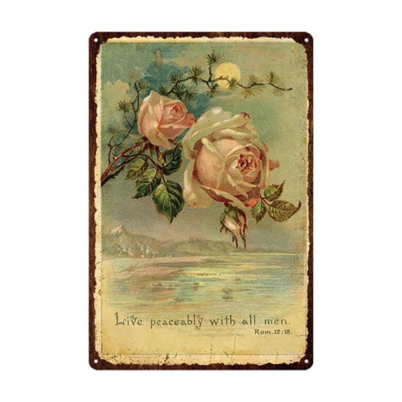Flowers Metal Tin Sign Retro Plates Rose Peony Lavender Art Plaque Vintage Poster Garden Room Home Wall Decor Gift