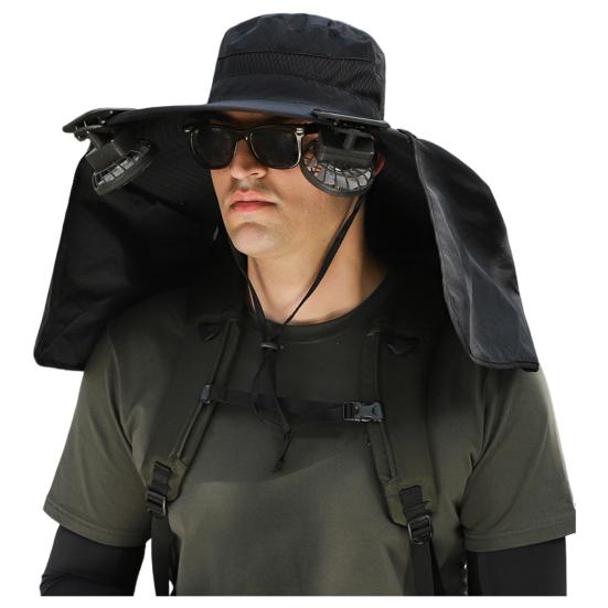 Klobouk se solárním ventilátorem s nákrčníkem Klobouk s ochranou proti UV záření UPF 50+ se 2 chladicími ventilátory USB dobíjecí Prodyšný Muži Ženy Letní Venkovní klobouk proti slunci se širokým okrajem