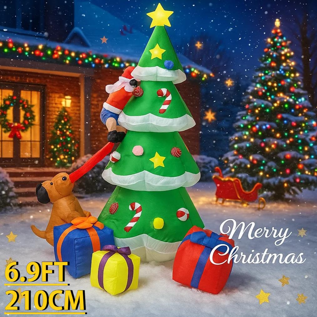 

6.9ФТ Светодиодная Подсветка Рождественские Надувные Дворовые Украшения Санта Клаус Лезет на Дерево Собака Коробка Игрушка Рождественские Принадлежности Украшения Подарки Праздник UK Plug