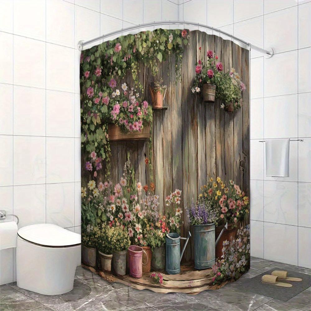 Whimsical Garden Shower Curtain - Colorful Flowers & Rustic Wooden Fence, Cottage-Themed Bathroom Decor