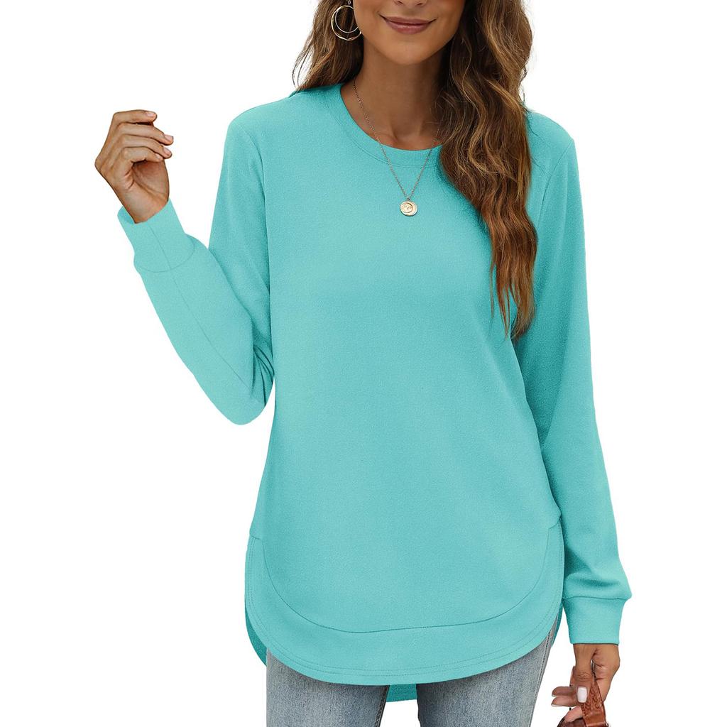 Women's Casual Fashion Round Neck Loose T-Shirt Solid Colour Long Sleeve Top