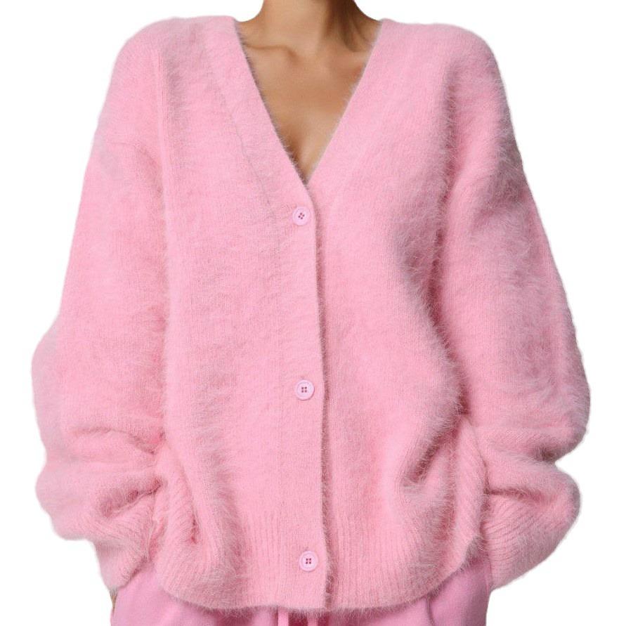 Lazy wind knitted cardigan women's European, American autumn and winter fashion v-neck loose imitation mink sweater jacket knitted sweater