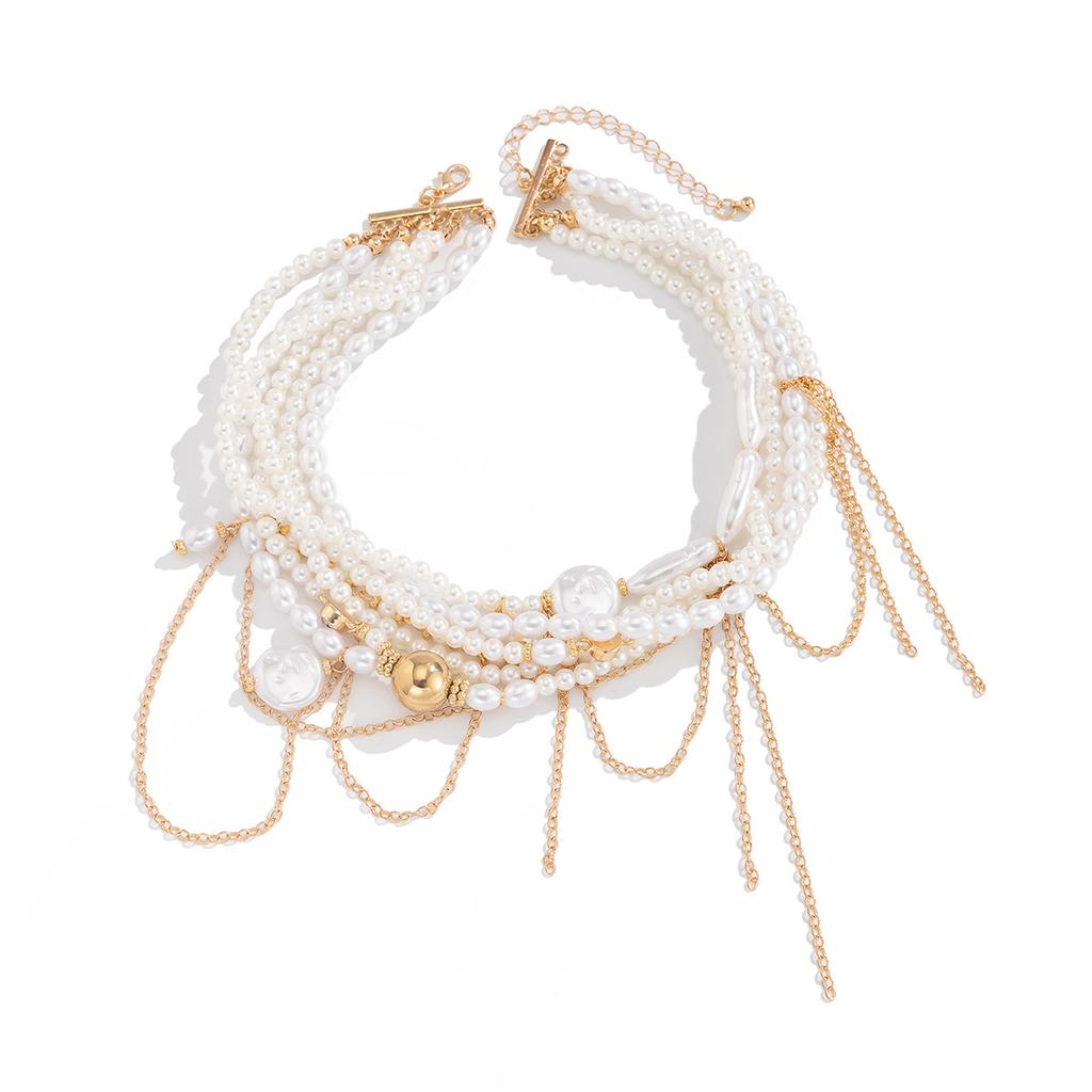 Irregular Imitation Pearl Necklace Retro Style Mulitilayered Choker Tassel Wedding Accessories