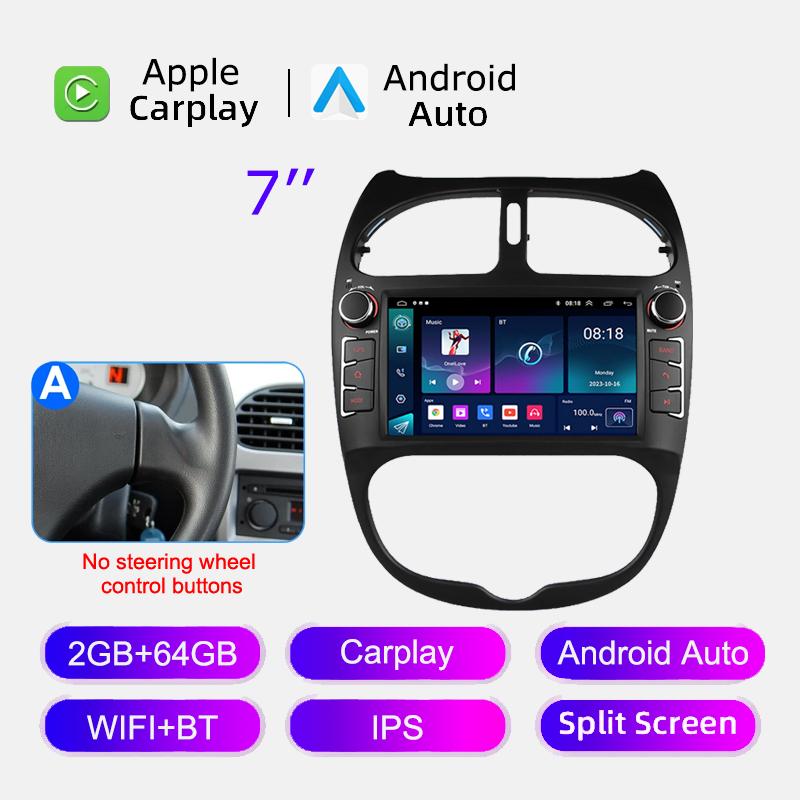 Android 12 Car Radio for PEUGEOT 206 206CC 206SW 2000-2008 Multimedia Player GPS Navigation 7 Inch With Buttons Carplay HeadUnit