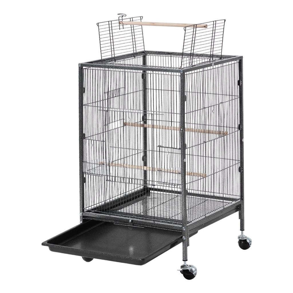 Bird Cage, 460 x 460 x 770 mm, Open Flat Top, Wrought Iron Bird Flight Cage with Perches, Slide-Out Tray and Plastic Feeders, Casters, for Parrot,