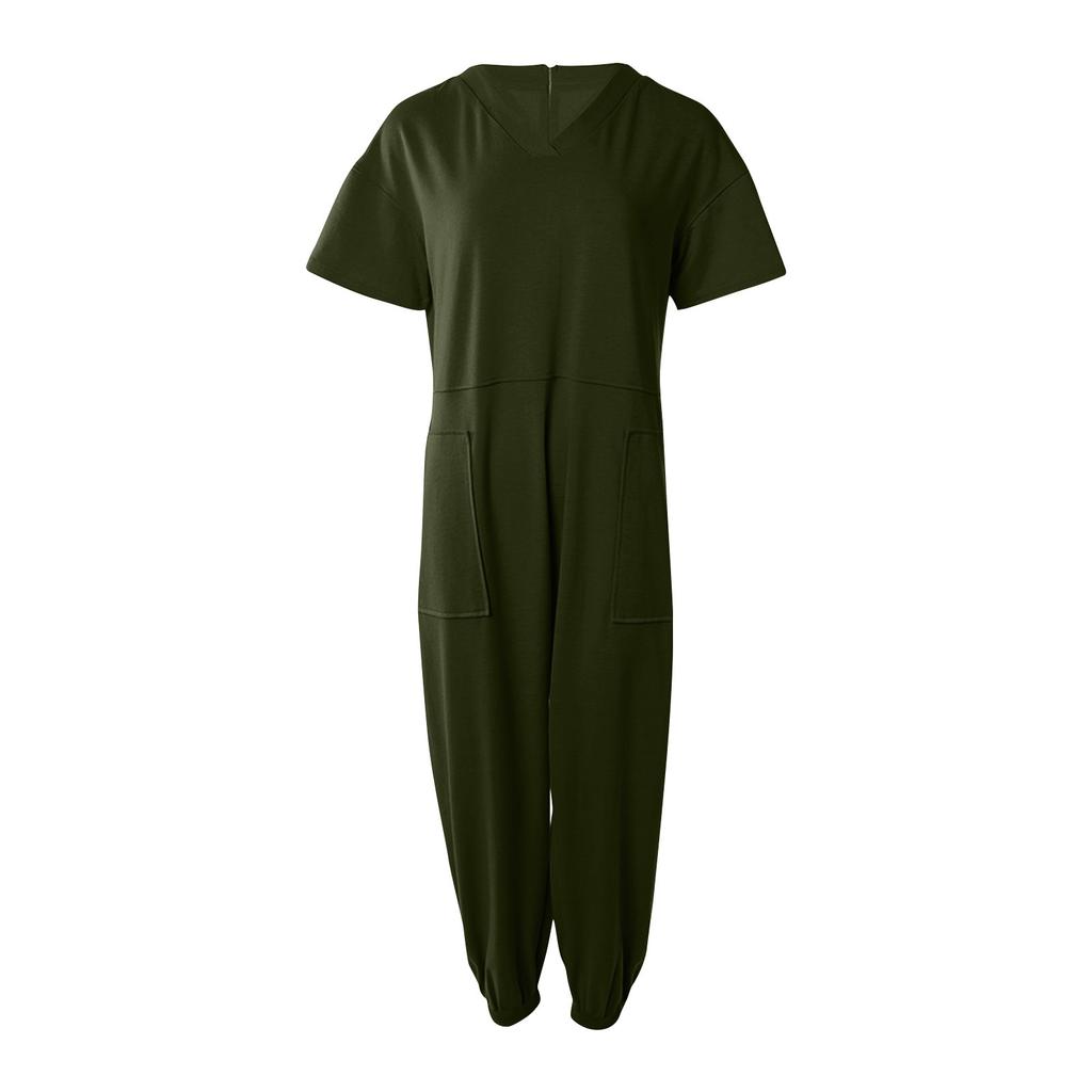 Women's Plus Size Loose Casual Short Sleeve V-Neck Solid Pocket Jumpsuit
