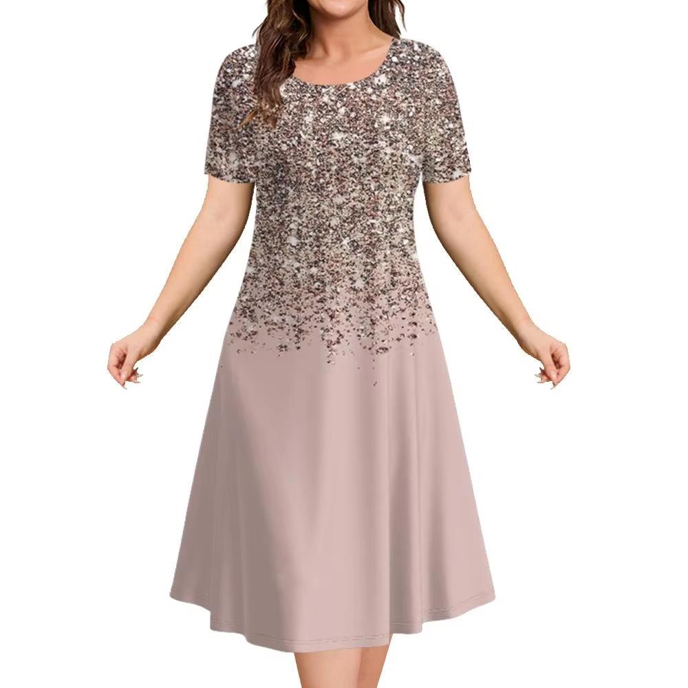 Elegant Women Short Sleeve Fashion 3d Print Midi Dress Plus Size Beach Clothing