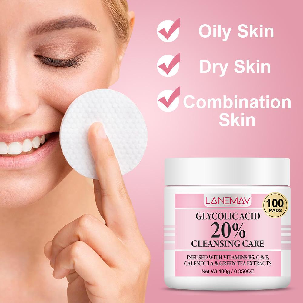 100 Pads Glycolic Acid Cleansing Pads, 20% Resurfacing Facial Pads with Niacinamide, Glycerin and Green Tea Extracts, Deep Cleanse and Brighten