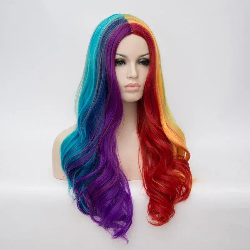 Women Cosplay Multicolor Stitching Gradient Wig Long Wig Curved Big Wave Black White Blue Pink Color Wigs
