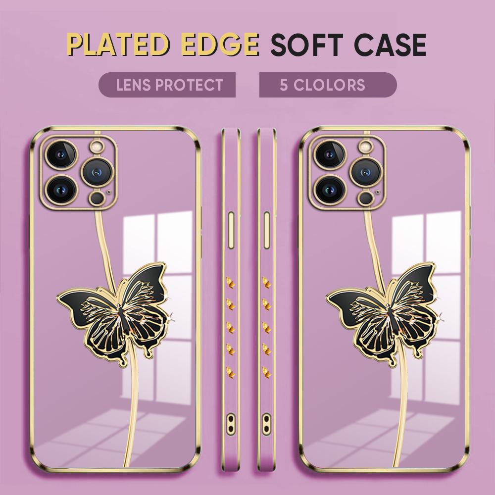 Fashion Black Butterfly Plating Phone Case for iPhone 11 13 15 Samsung Galaxy A52 Xiaomi Redmi 12C Note 10 Pro Oneplus Soft Smartphone Cover Cases