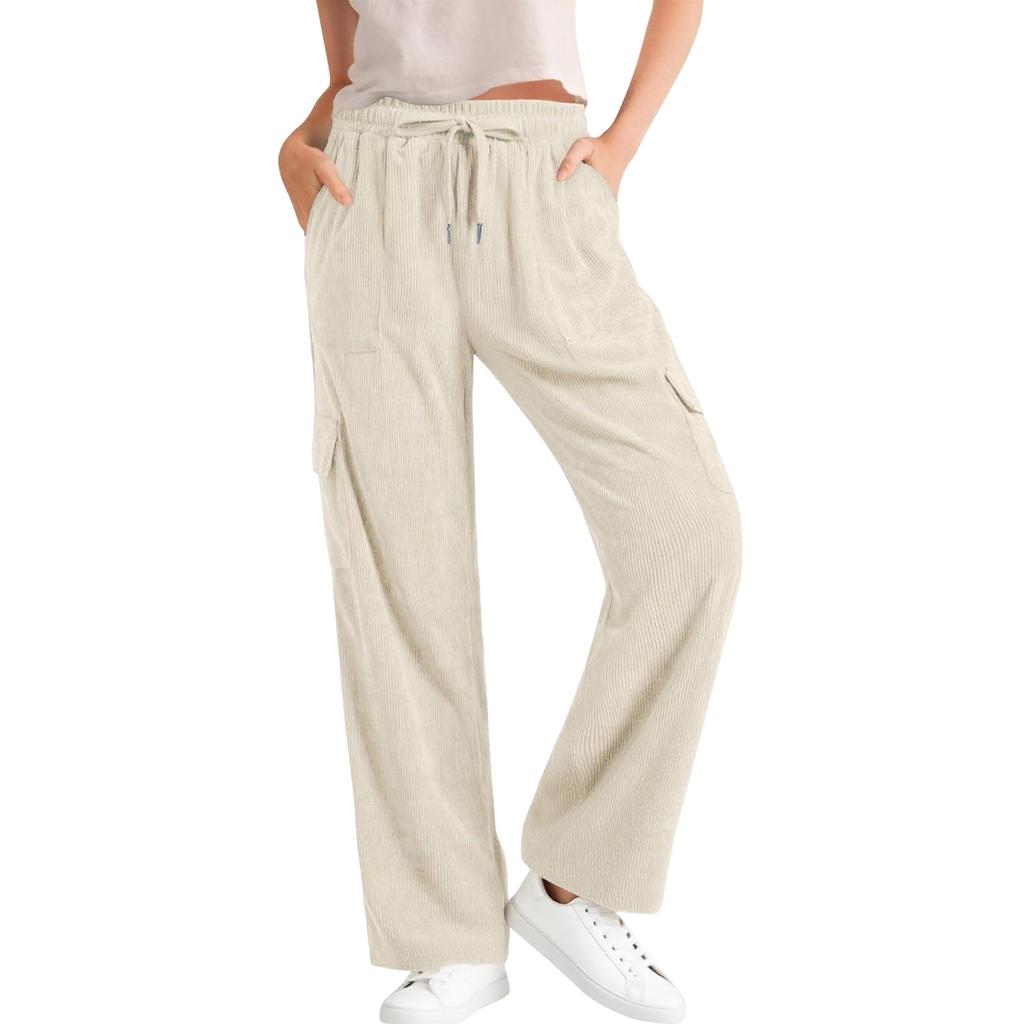Damen Cord Freizeithose Hohe Taille Elastischer Kordelzug Locker Workwear Weitbeinige Hose Mit Taschen