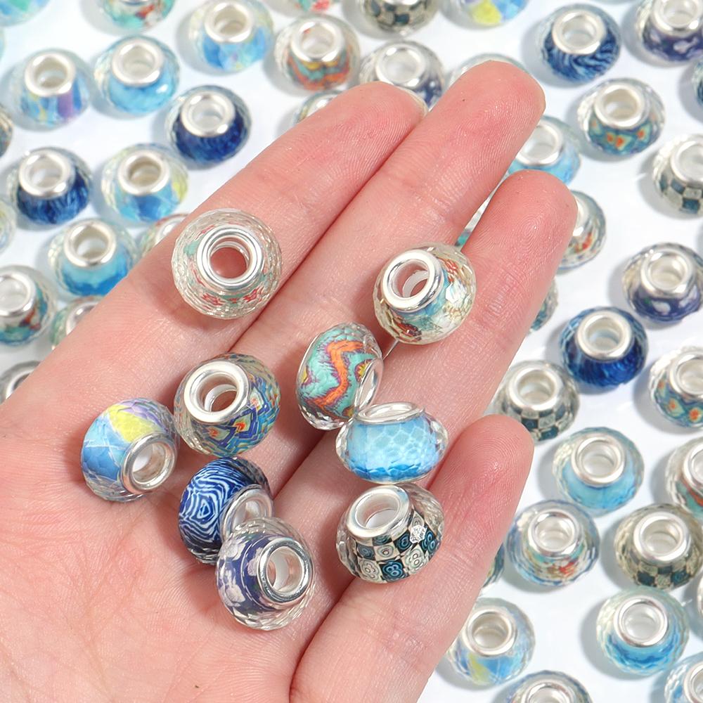 10Pcs/Lot 14×9mm Resin Cut Beads Blue Series Printed Large Hole Loose Spacer Beads For Diy Handmade Bracelet Jewelry Accessories
