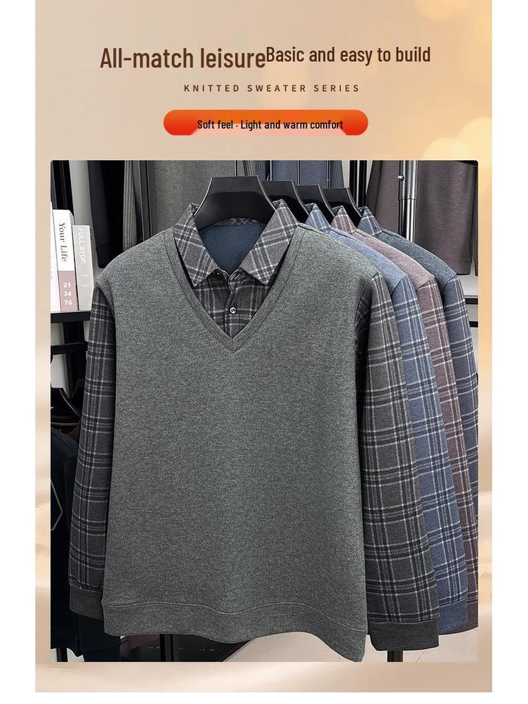 Men's Winter Knit Shirt with Velvet Thickened Layer and Collar