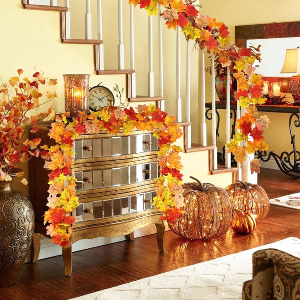 2/3pcs Artificial Maple Leaf Fall Garland Autumn Leaves Hanging Vines Thanksgiving Halloween Wedding Home Decorations 5.7Ft Each