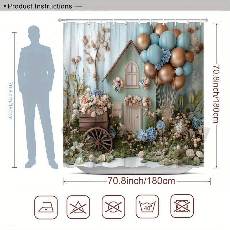 1pc Floral Cottage Shower Curtain - Balloons & Garden Design, Polyester, Washable, 12 Hooks, 70.8x70.8", Home Bathroom Decor