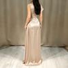 Women's Satin Round Neck Long Pleated Waist Dress for Evening Party