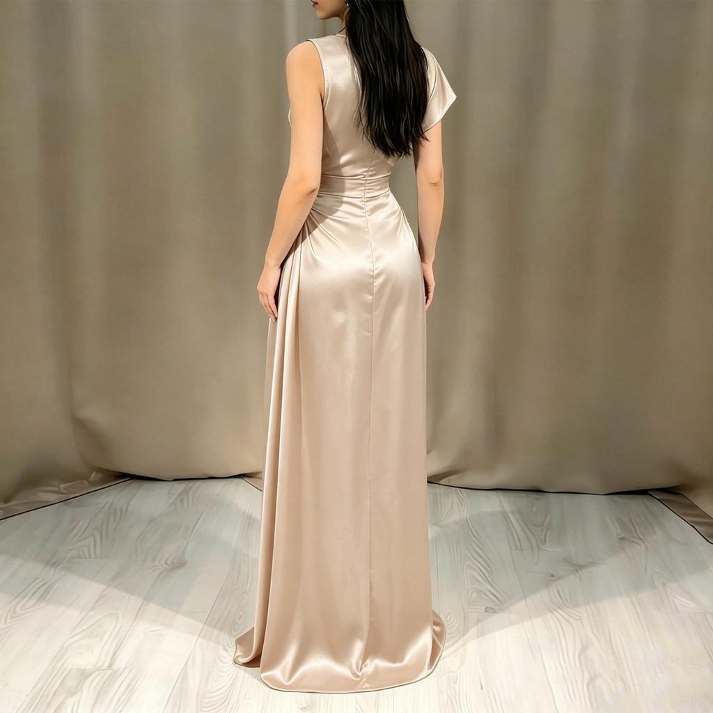 Women's Satin Round Neck Long Pleated Waist Dress for Evening Party