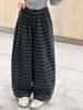 Girls' Wool Plaid Wide-Leg Pants 2026 - Autumn Collection, Mid-to-Large Casual 5-Button Long Pants