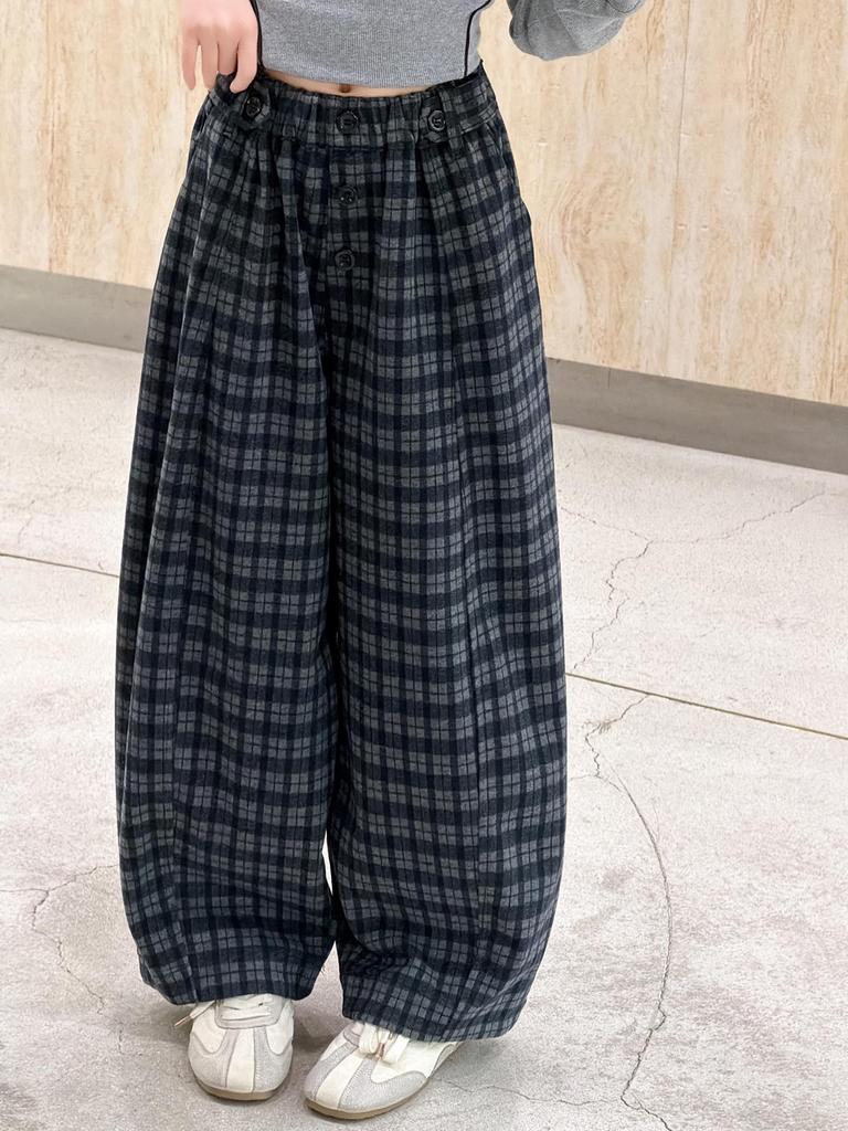 Girls' Wool Plaid Wide-Leg Pants 2026 - Autumn Collection, Mid-to-Large Casual 5-Button Long Pants
