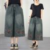 Damen Plus Size Retro Locker Dünn Bestickt Sommer Denim Weites Bein Cropped Hose