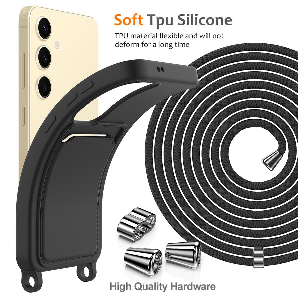 For Samsung Galaxy A55 5G Case Liquid Silicone Card Holder Back Phone Cover with Adjustable Lanyard