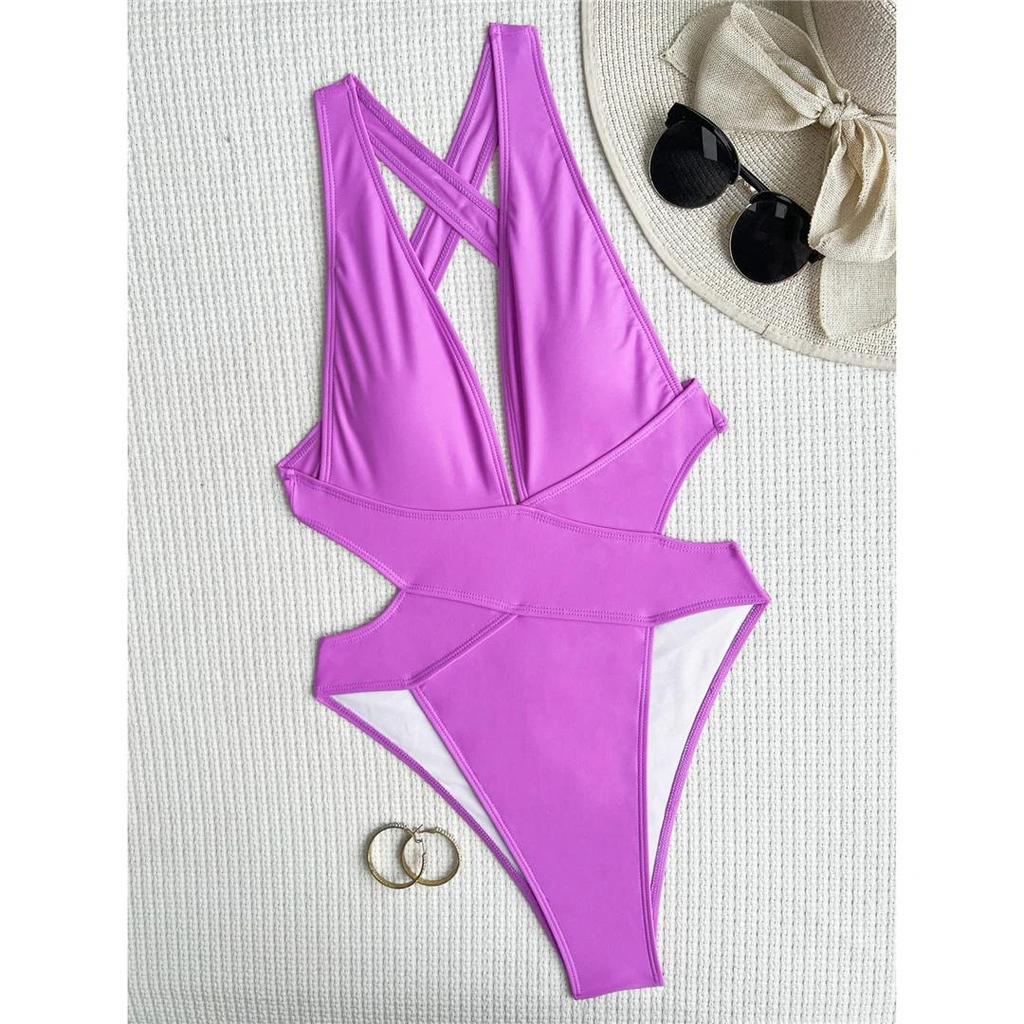 S - XL Costum de baie dintr-o piesă cu decolteu adânc în V și spate încrucișat Femei Costume de baie Femeie Decupaj înalt pe picior Scrunch pe posterior Costum de baie
