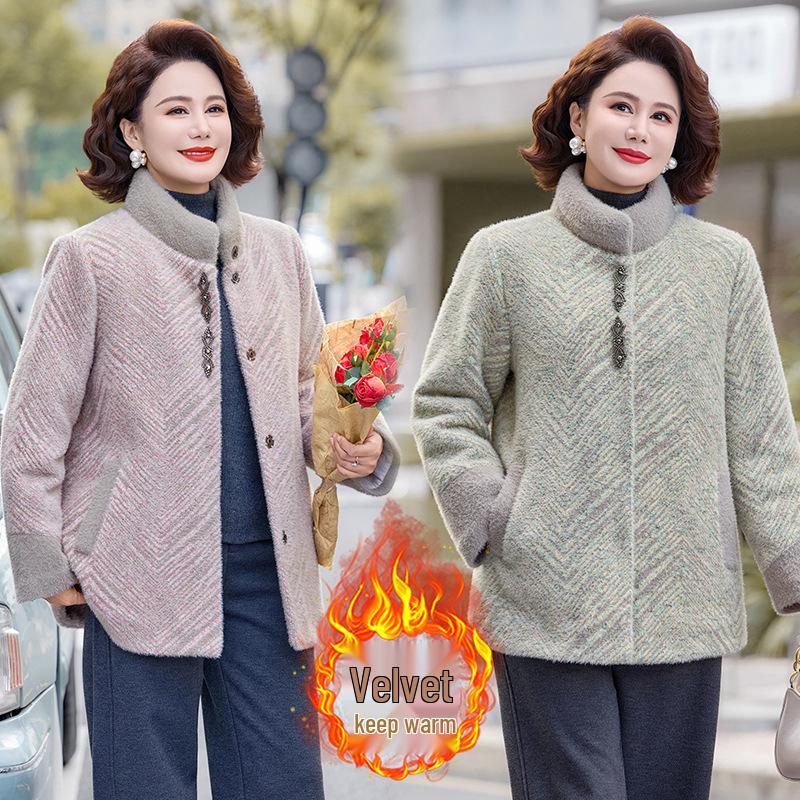 50-Year-Old Women's Thick Warm Winter Coat with Imitation Mink Velvet