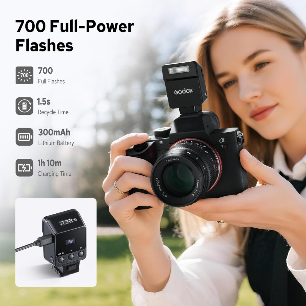 Godox TTL Mini Flash Camera Flash for Sony Intuitive Recycle Approximately 700 Flashes At Full Compact Black iT22-S Cameras Display, 1.5-second Time,