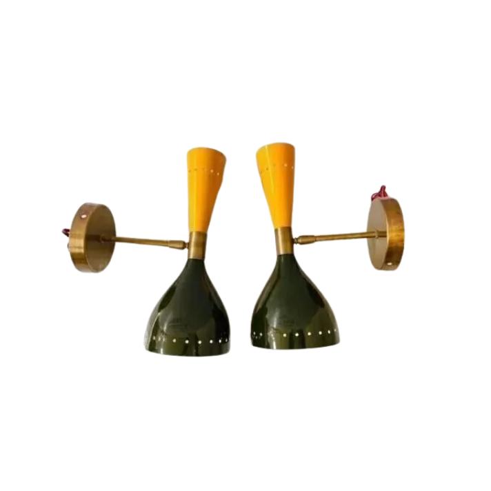 Para Kinkietów Ściennych Diabolo z Lat 50. XX Wieku w Stylu Mid-Century, Włoskich, Surowy Mosiądz