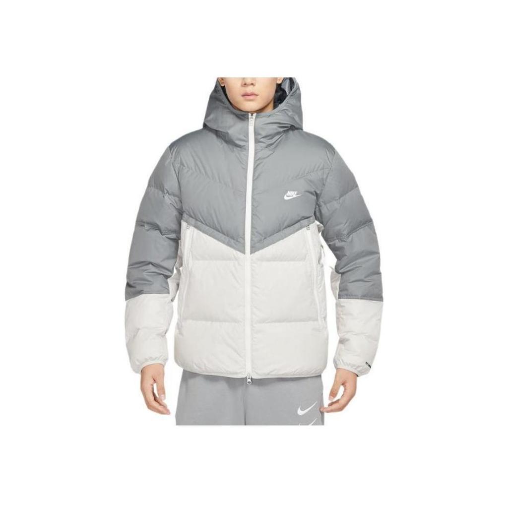 Nike Printed Logo Patchwork Hooded Down Jacket Men Outerwear Gray DV1132-084