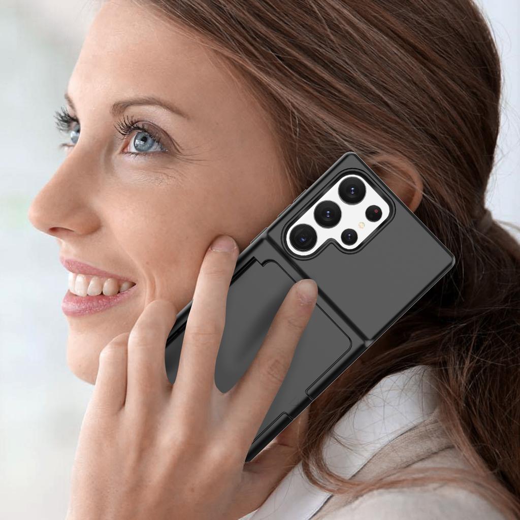 For Samsung Galaxy S23 Ultra Cardcase Series PC+TPU Phone Case Mirror Design Card Slots Kickstand Thickened Cover