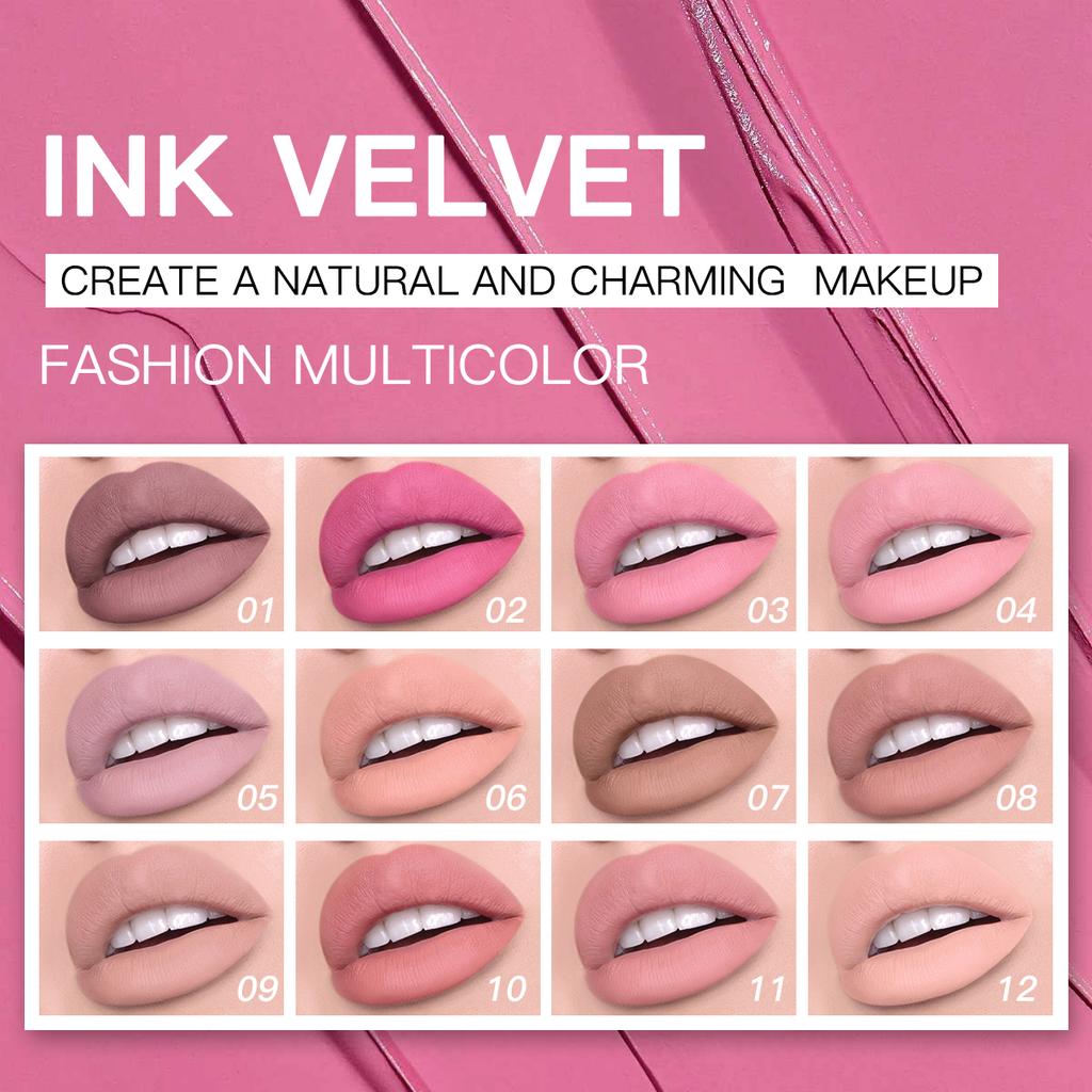 Febble 12 Color Ink Lip Gloss Matte Nude Velvet Liquid Lipstick Multifunctional Long-lasting Lip Cosmetics for Women & Girls