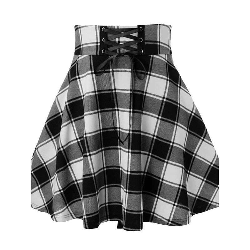 Checked Lace Up Slim a-Line Skirt Plaid Lace Up Slim Fit A- Line Skirt